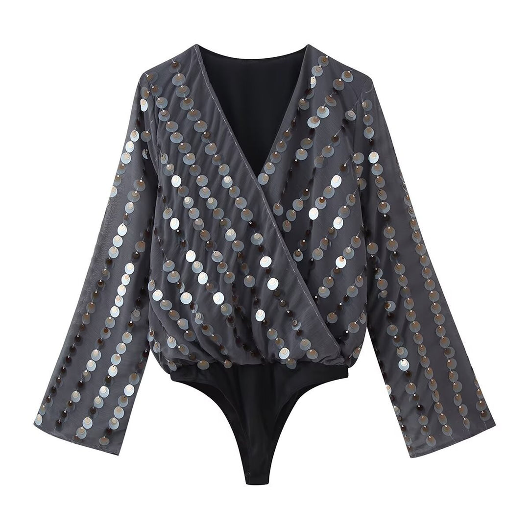 Damen Glamouröses Body mit glitzernden Pailletten und Wickeldesign Drune