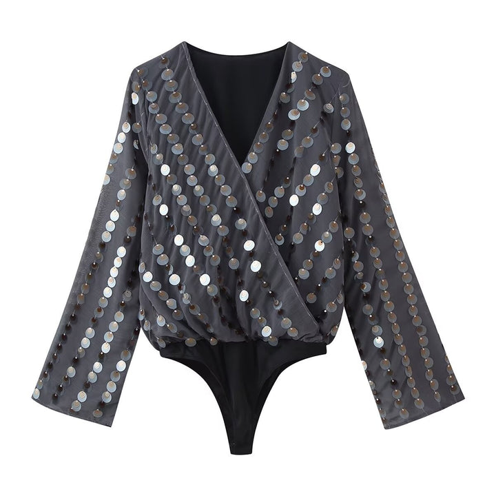 Damen Glamouröses Body mit glitzernden Pailletten und Wickeldesign Drune