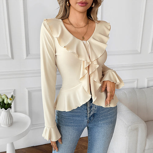 Damen Chiffon-Volantbluse mit Knopfleiste, Tailliertem Schößchen und Rüschenkragen Drune