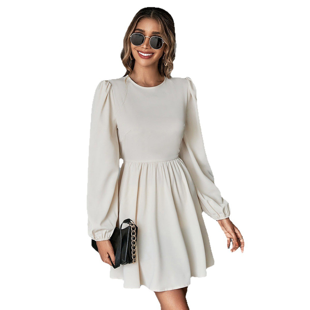 Damen schickes Cocktailkleid mit geraffter Taille, langen Ballonärmeln und rundem Ausschnitt Drune