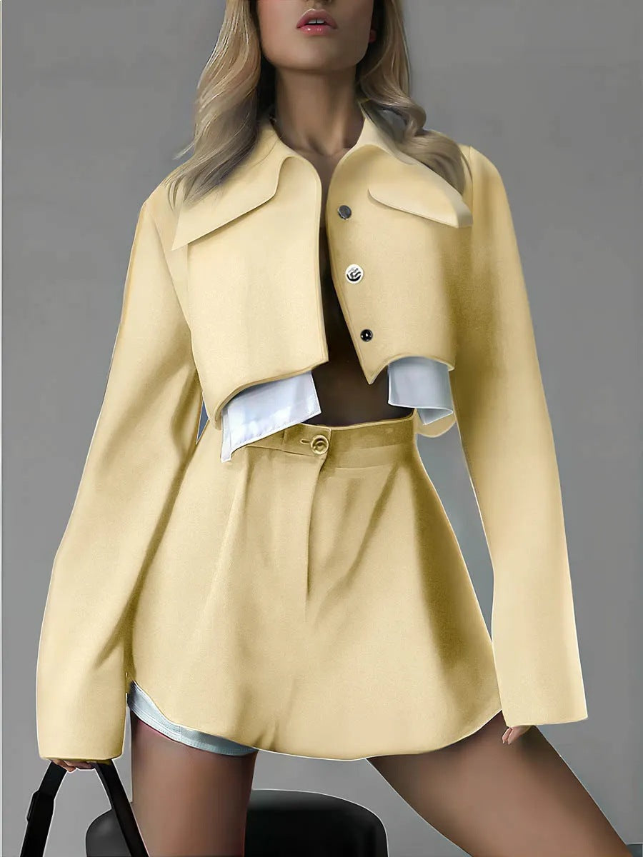 Damen modisches Cord-Anzugset mit kurzer Jacke und ausgestelltem Rock