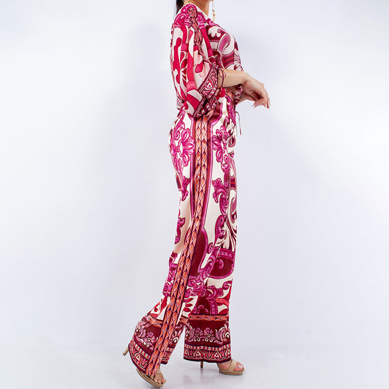 Damen Edles Kombination Outfit mit weitem Bein und eleganten Muster Drune