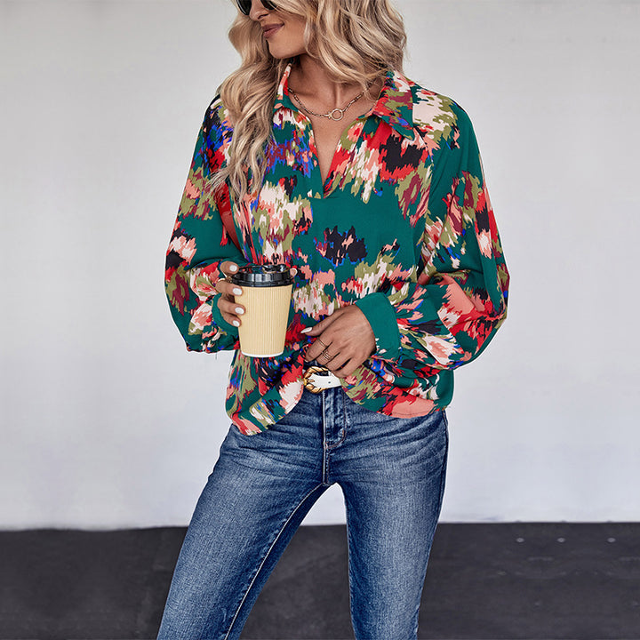 Damen Weites Blusenshirt mit Hemdkragen, abstraktem Print und Ballonärmeln Drune