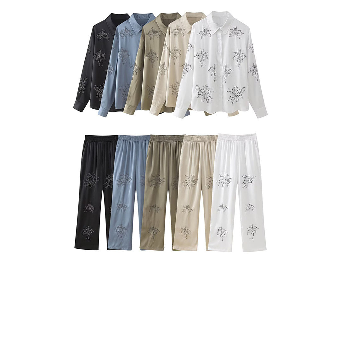 Damen Elegante Satinhose im Palazzo‑Schnitt mit elastischem Umschlagbund und floraler Zierstickerei Drune