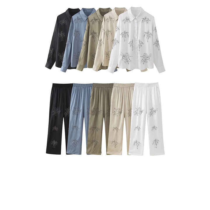 Damen Elegante Satinhose im Palazzo‑Schnitt mit elastischem Umschlagbund und floraler Zierstickerei Drune