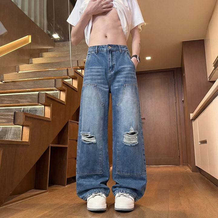 Herren Weite Baggy-Jeans mit Used‑Wash, Knie‑Rips & Utility‑Nähten Drune