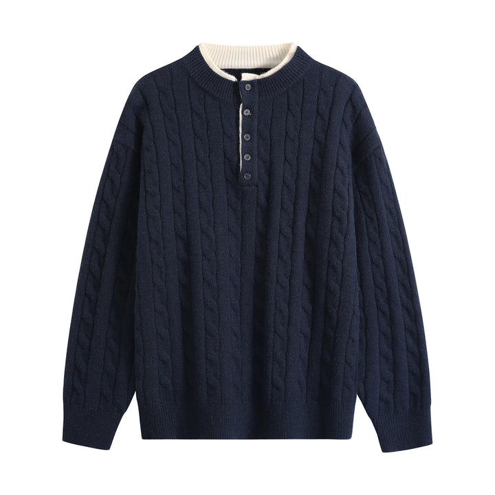 Unisex Oversize Zopfstrick-Henley-Pullover mit Knopfleiste und geripptem Saum Drune