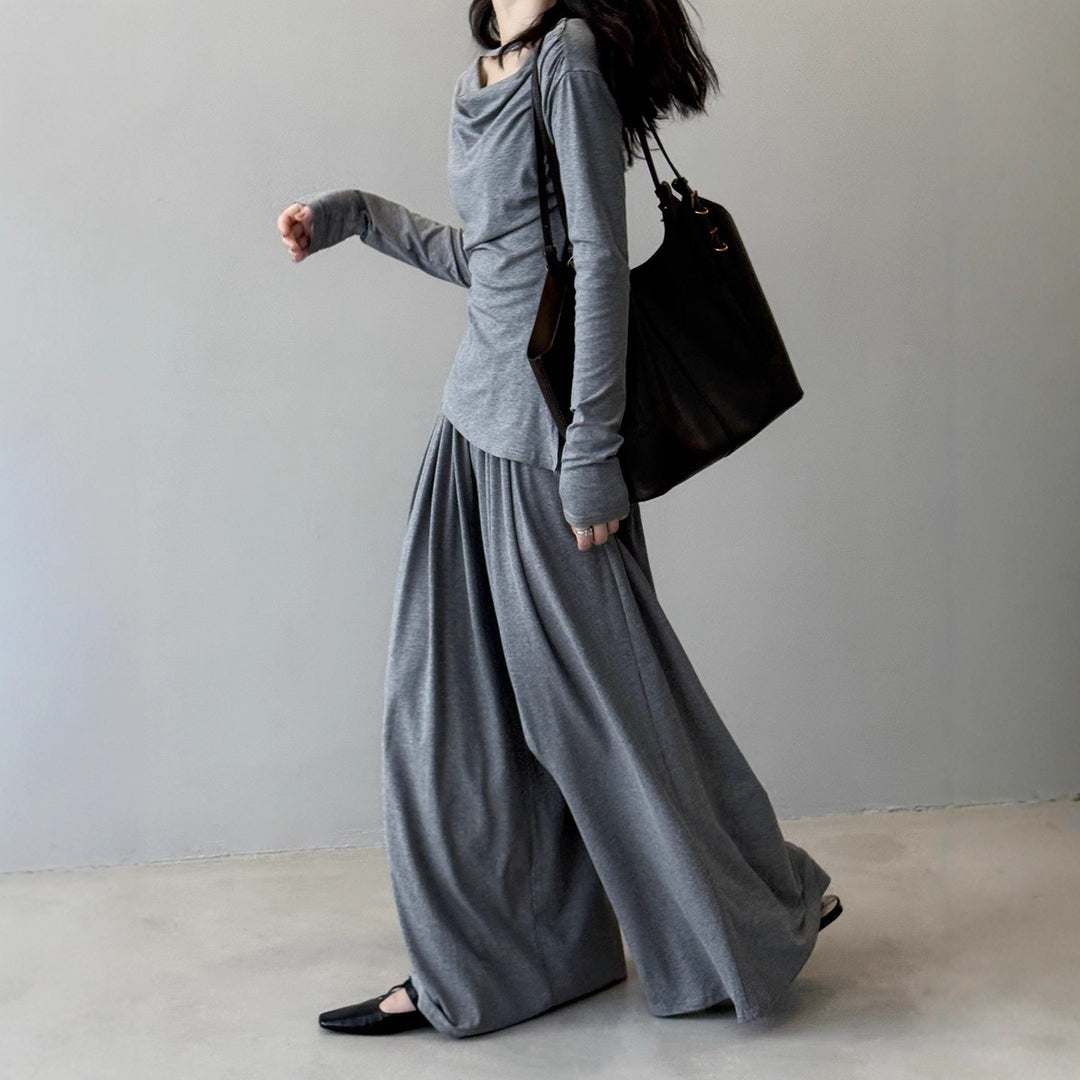 Damen Zweiteiliges Jersey-Set mit asymmetrischem Wasserfallkragen und weitem Maxirock Drune