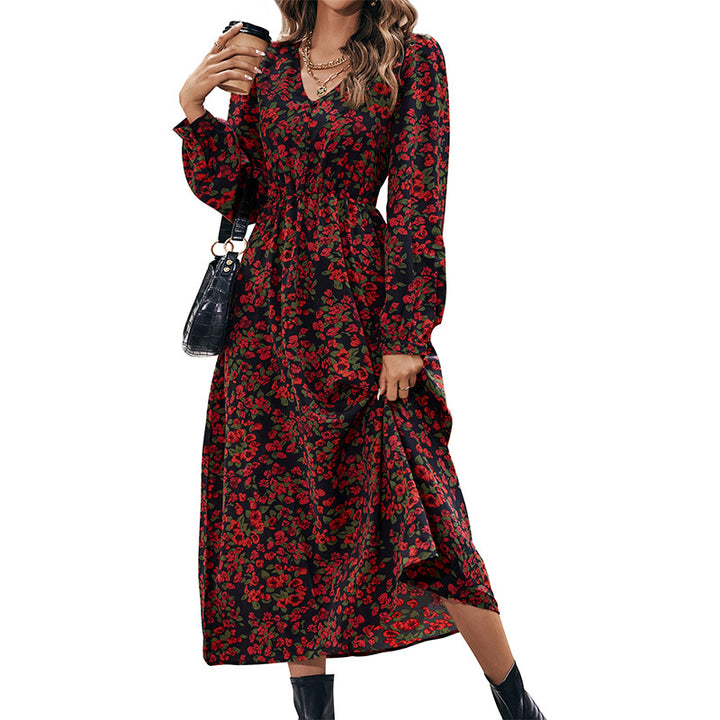 Damen Langes florales Maxikleid mit V-Ausschnitt, gerafftem Smokbund und fließendem A‑Linien‑Rock Drune