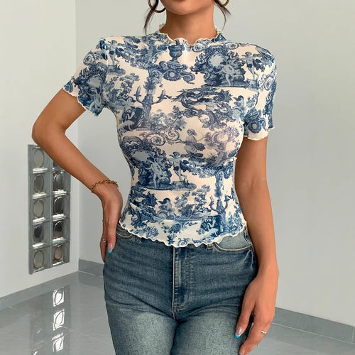 Damen nan figurbetontes kurzärmliges Netzshirt mit Stehkragen und romantischem Landhausdruck Drune