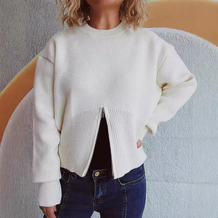 Damen gestreifter Pullover mit trendbewusstem Reißverschluss Drune