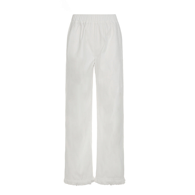 Damen Weite Straight‑Leg‑Hose mit elastischem Bund und Fransensaum Drune