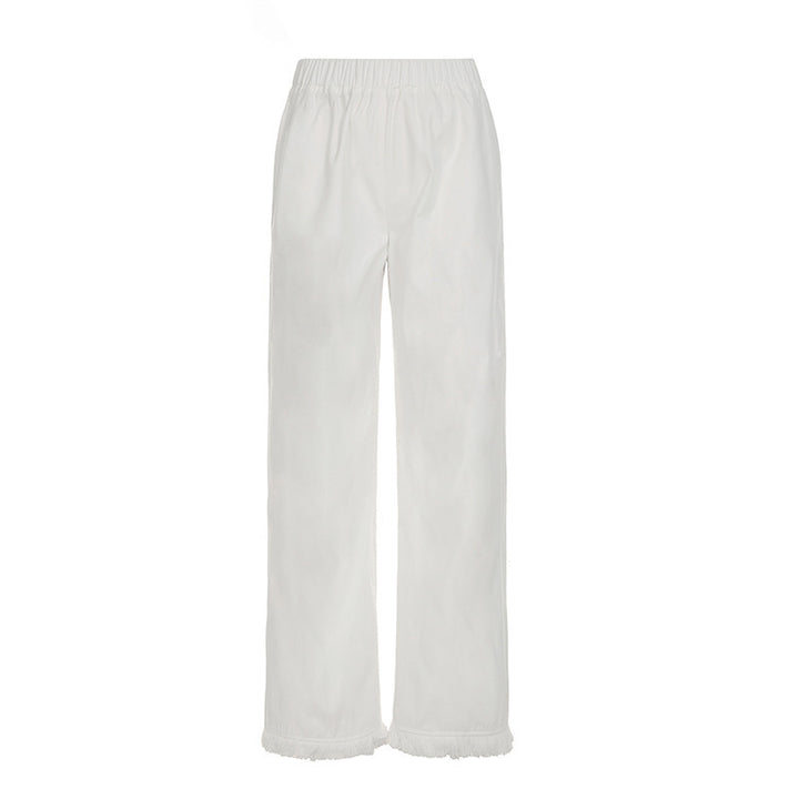 Damen Weite Straight‑Leg‑Hose mit elastischem Bund und Fransensaum Drune