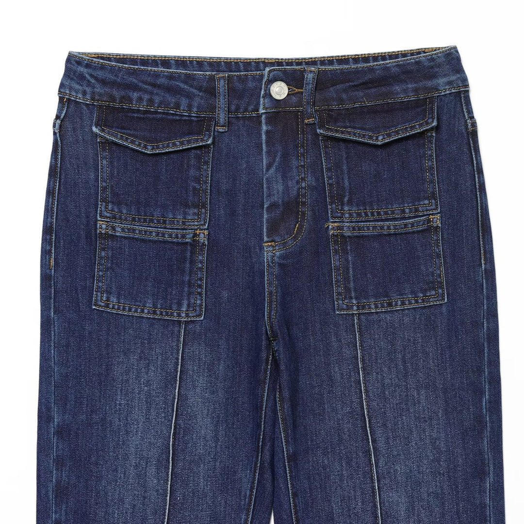 Damen Highwaist-Jeans mit weitem Bein, aufgesetzten Taschen und Mittelnaht Drune