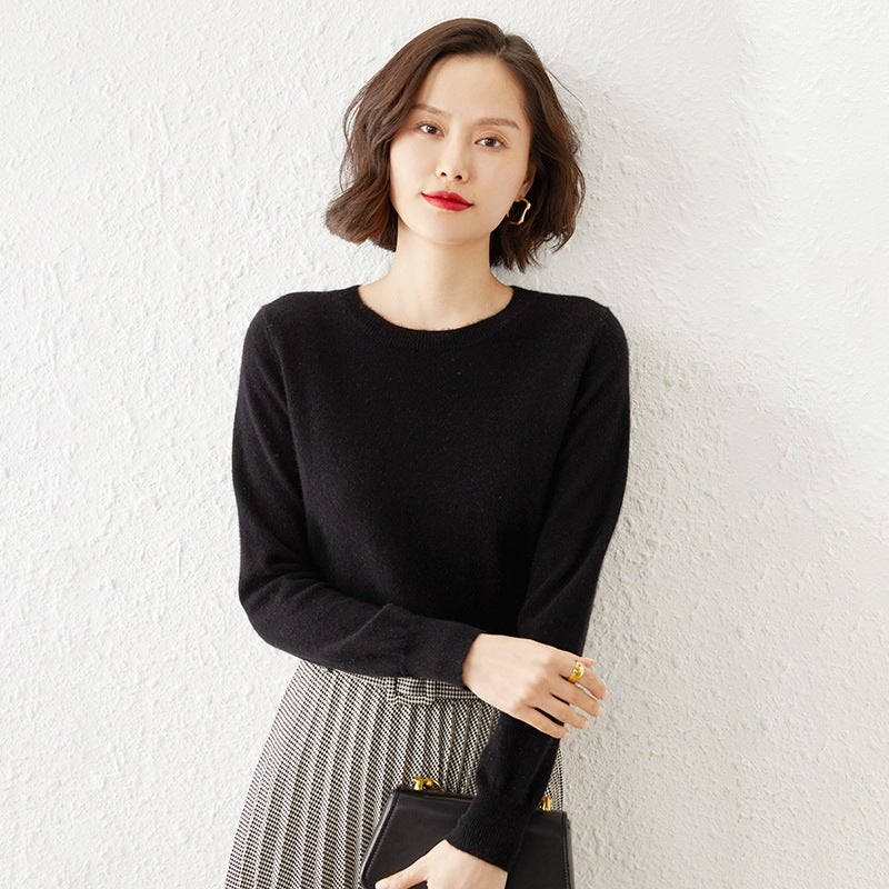 Damen Kurzgeschnittener Feinstrickpullover mit Rundhalsausschnitt und geripptem Bund Drune