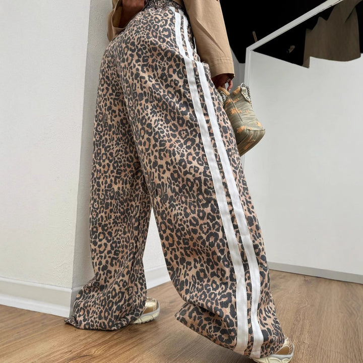 Damen weite Leoparden-Trackpants mit elastischem Bund und seitlichen Kontraststreifen Drune