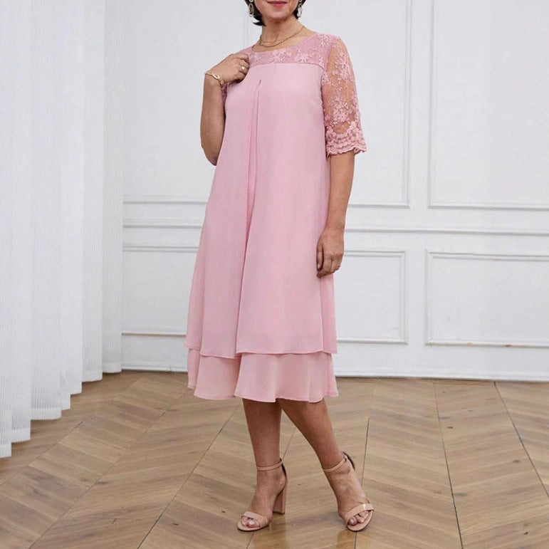 Damen nan A-Linien-Chiffonkleid mit floral bestickter Spitzenpasse, verdeckter Mittelnahtfalte und mehrlagigem Volant Drune