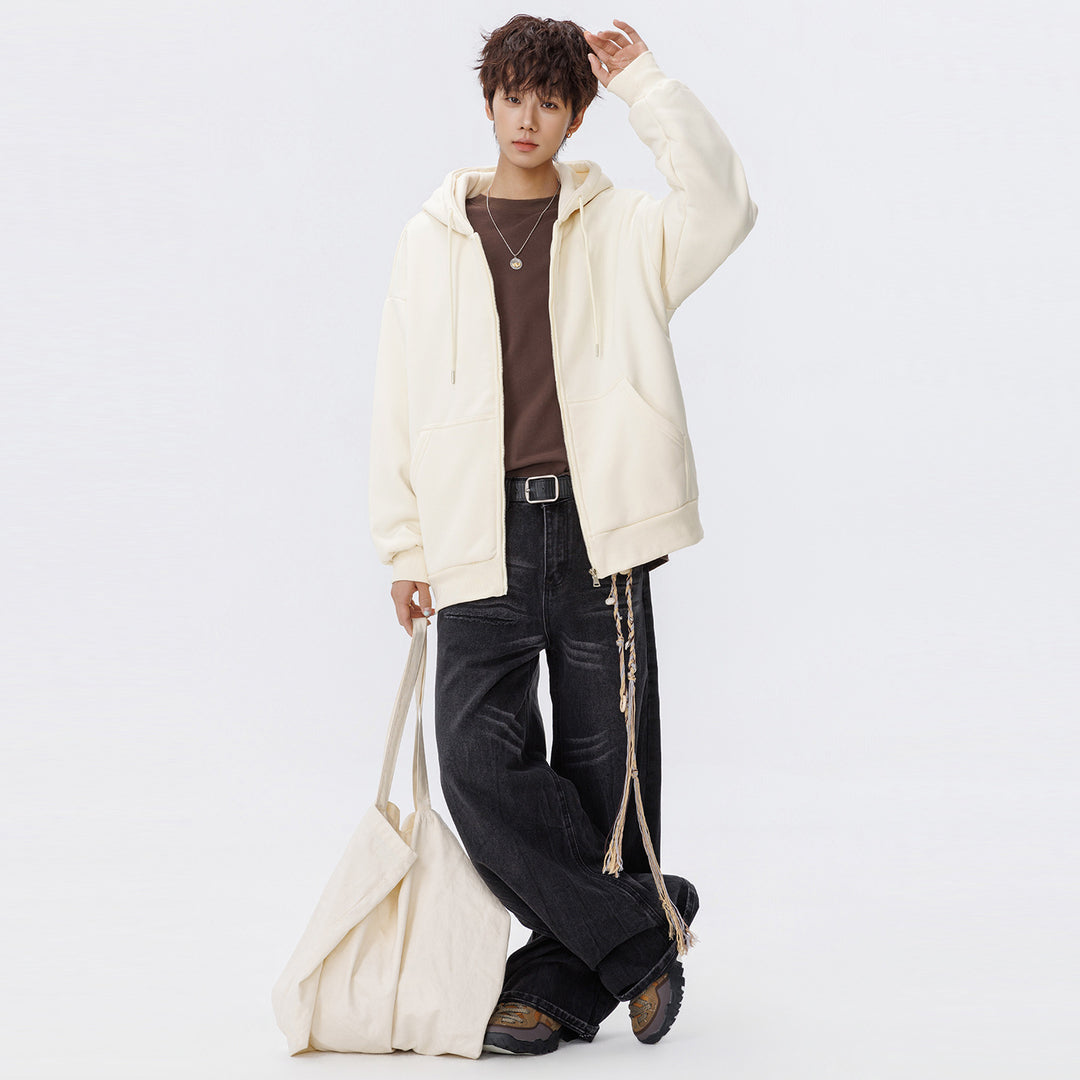 Unisex Oversize Kapuzen-Sweatjacke mit durchgehendem Reißverschluss, Kängurutaschen und gerippten Bündchen Drune