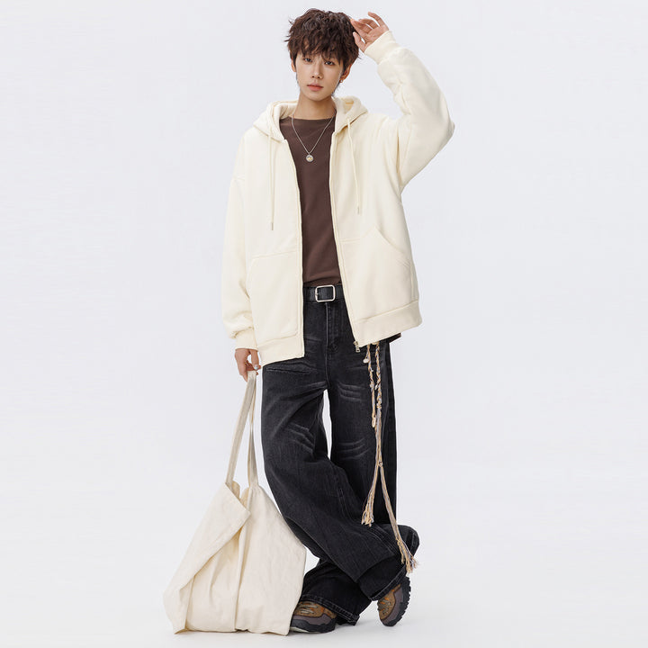Unisex Oversize Kapuzen-Sweatjacke mit durchgehendem Reißverschluss, Kängurutaschen und gerippten Bündchen Drune