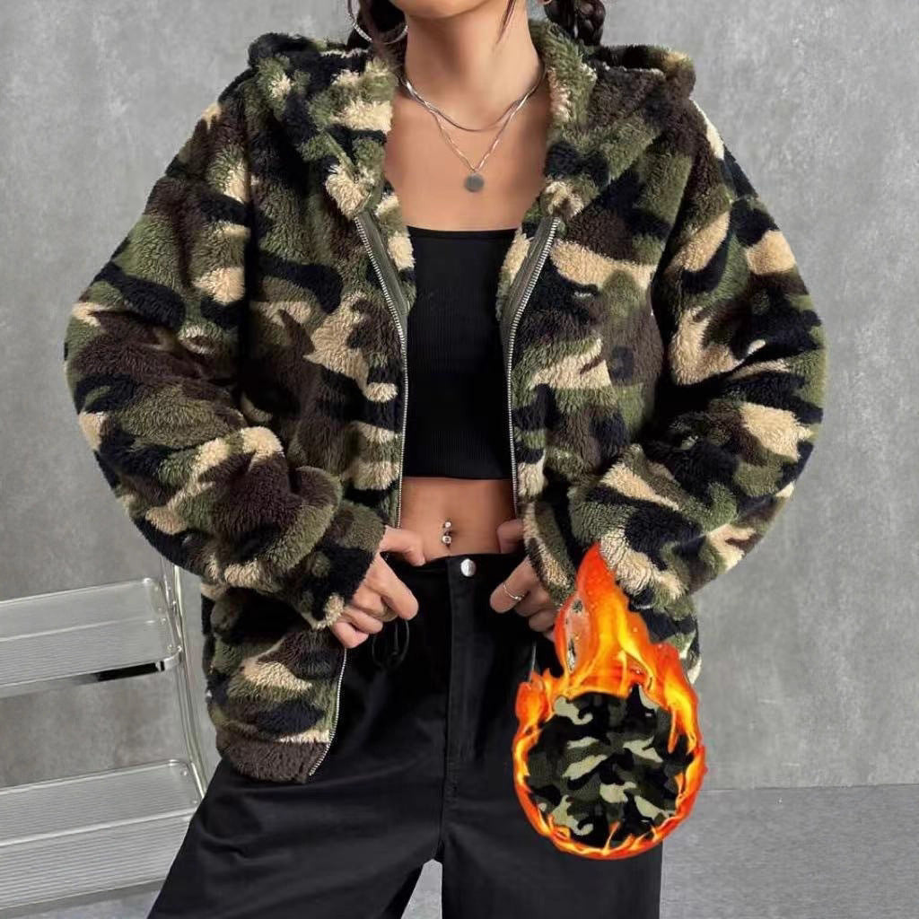 Damen Teddy-Fleece Kapuzenjacke im Camouflage-Look Drune