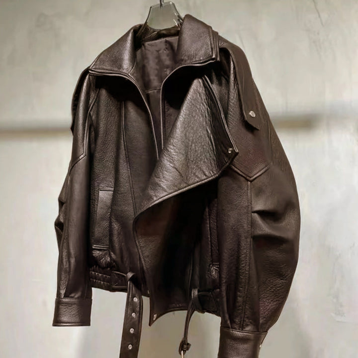 Herren Oversized Lederjacke mit weitem asymmetrischen Revers und Taillengürtel Drune