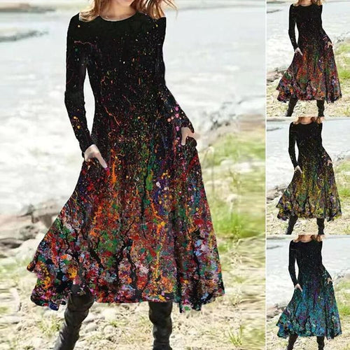 Damen nan A-Linien-Midikleid mit abstraktem Spritzmuster, Rundhalsausschnitt, langen Ärmeln und Eingrifftaschen Drune