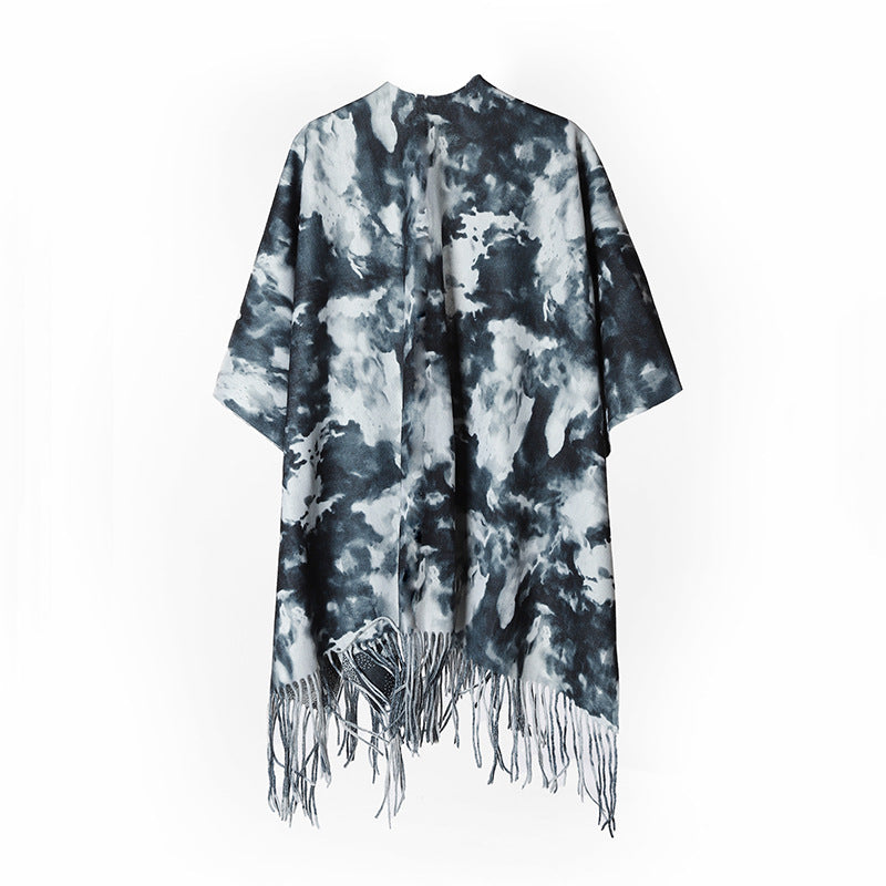 Damen Oversize-Poncho im Cloud-Print mit V‑Ausschnitt und langen Fransen Drune