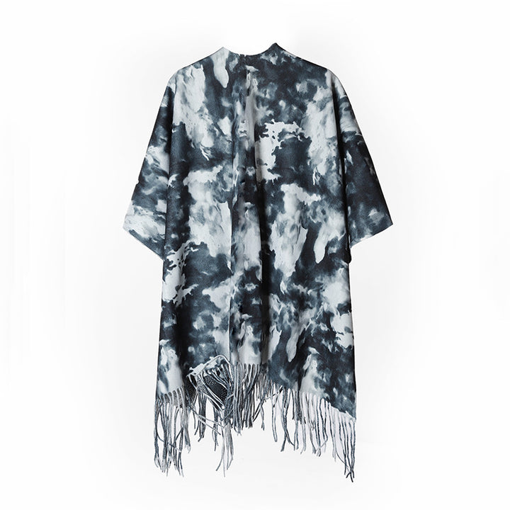 Damen Oversize-Poncho im Cloud-Print mit V‑Ausschnitt und langen Fransen Drune