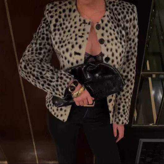 Damen Kurze Kunstfelljacke mit Leopardenmuster und Rundhalsausschnitt Drune