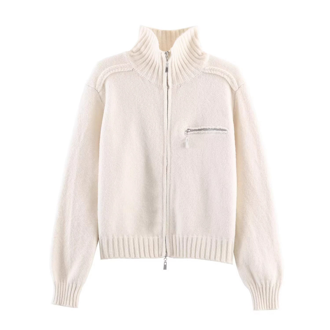 Damen Grobgestrickte Reißverschluss‑Strickjacke mit hohem Rippkragen und Brusttasche Drune