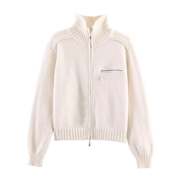 Damen Grobgestrickte Reißverschluss‑Strickjacke mit hohem Rippkragen und Brusttasche Drune