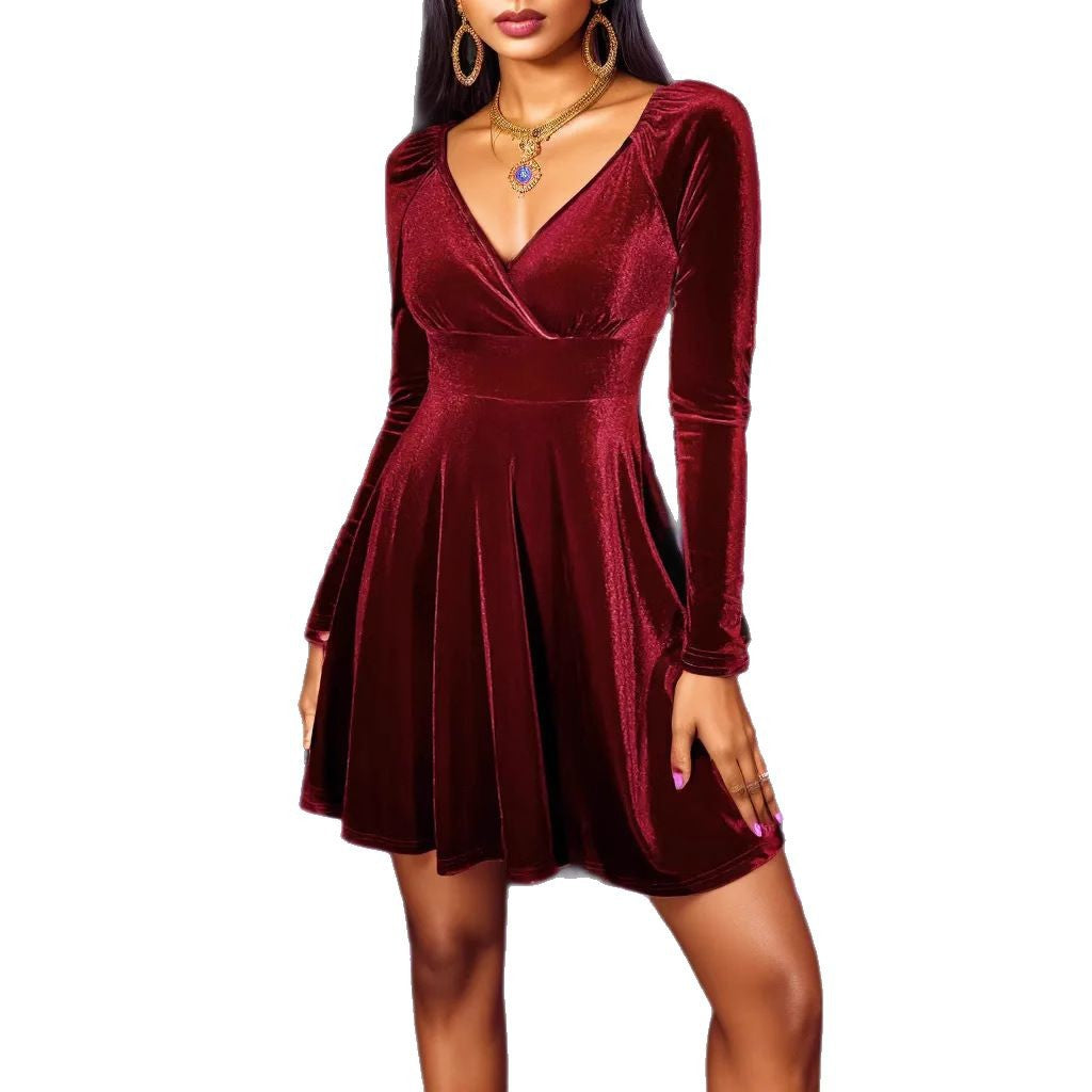 Damen Samt-Wickelkleid mit taillierter Silhouette, V-Ausschnitt und ausgestelltem Rock Drune