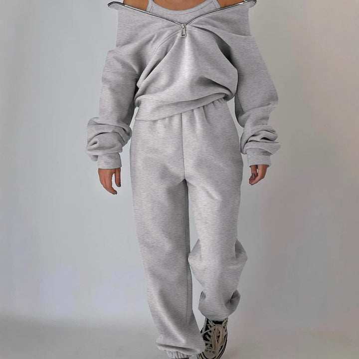 Damen Oversized Halbzip-Sweatshirt mit Stehkragen und passender High-Waist-Jogginghose Drune