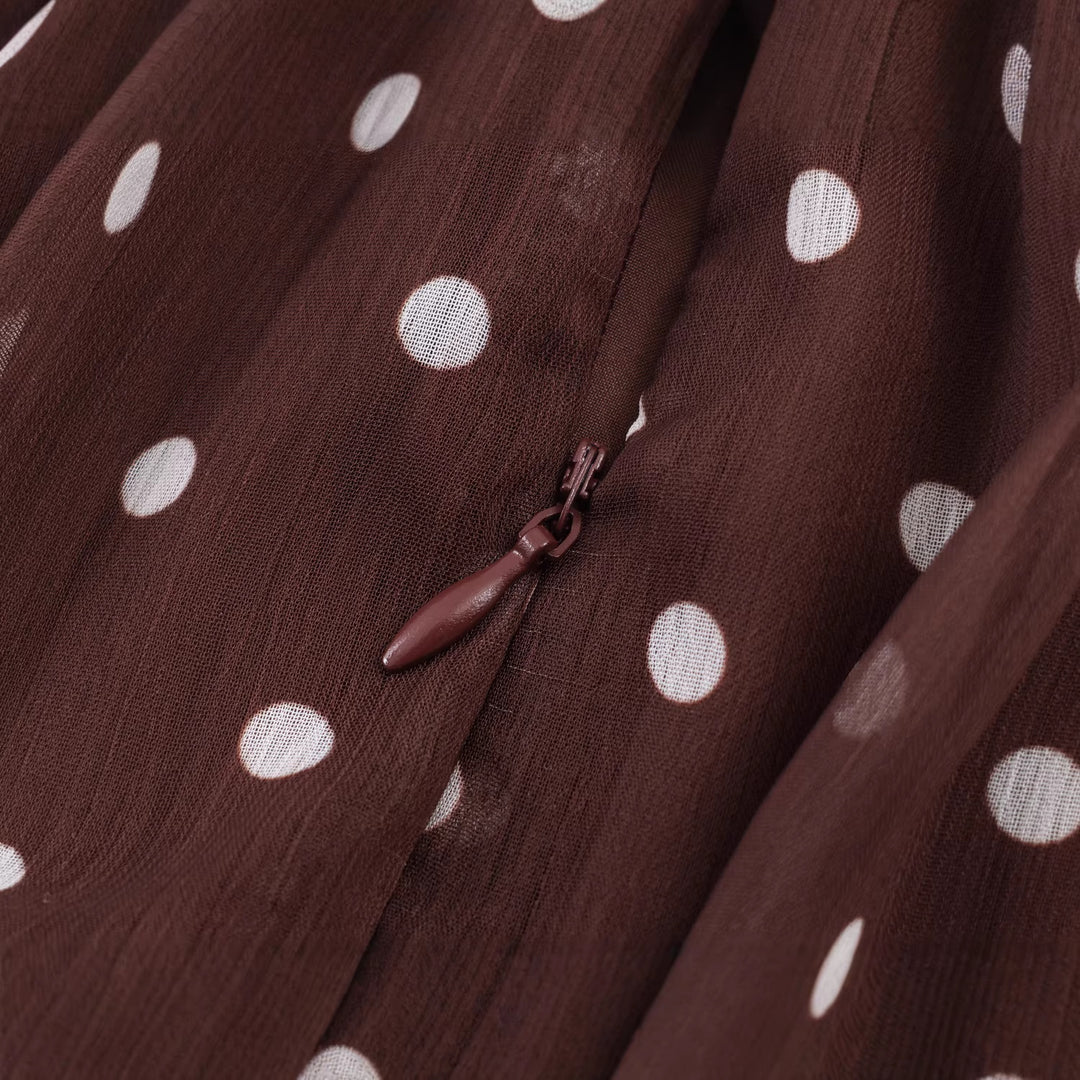 Damen nan gepunktete Chiffonbluse mit hohem Stehkragen, langem Schal und Kunstfellsaum Drune