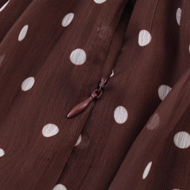 Damen nan gepunktete Chiffonbluse mit hohem Stehkragen, langem Schal und Kunstfellsaum Drune