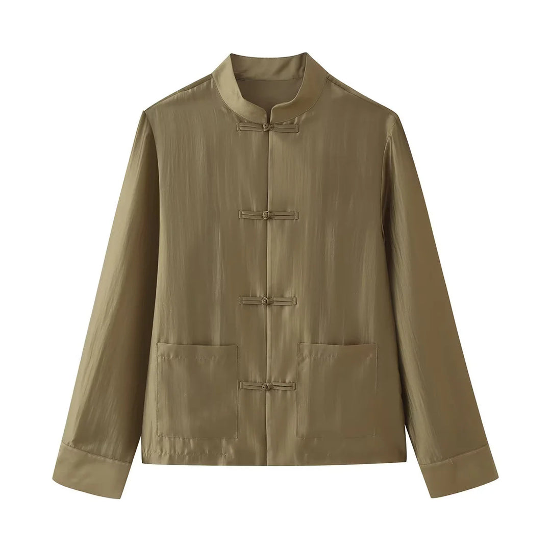 Herren nan leichte Mandarinjacke mit Stehkragen, Knotenverschlüssen und aufgesetzten Taschen Drune