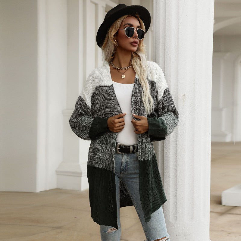 Damen Longline-Cardigan grobgestrickt mit Colorblock und offener Front Drune