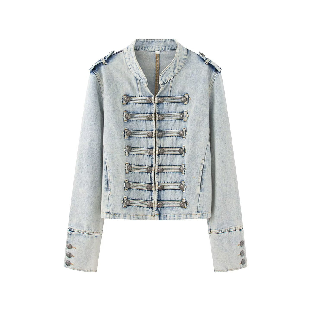 Damen Jeansjacke im Military-Stil mit dekorativer Zierknopfleiste Drune