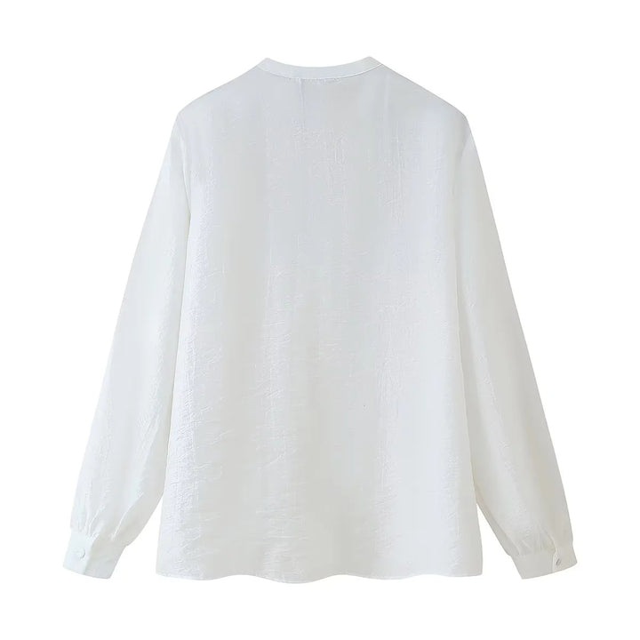 Damen nan romantische Volant-Bluse mit Stehkragen, verdeckter Knopfleiste und langen Ärmelrüschen Drune