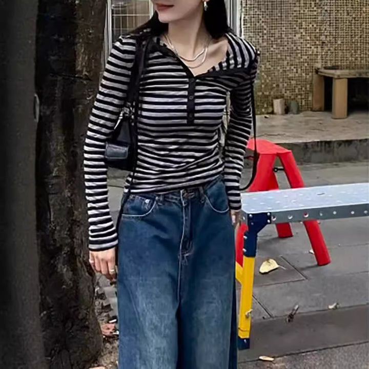 Damen Langarmshirt mit Kapuze und Streifen Drune