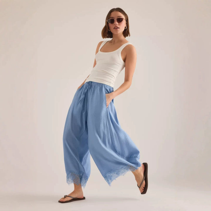 Damen Weite Palazzo-Hose mit elastischem Tunnelzugbund und Spitzenbesatz Drune
