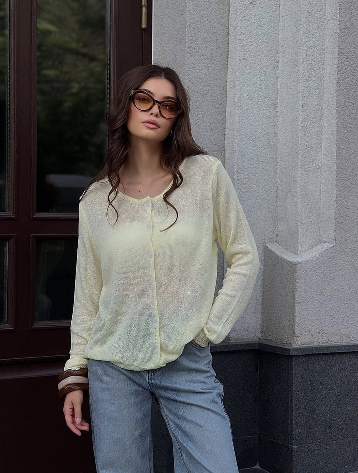 Damen leichter halbtransparenter Feinstrick-Cardigan mit Rundhals und Knopfleiste Drune