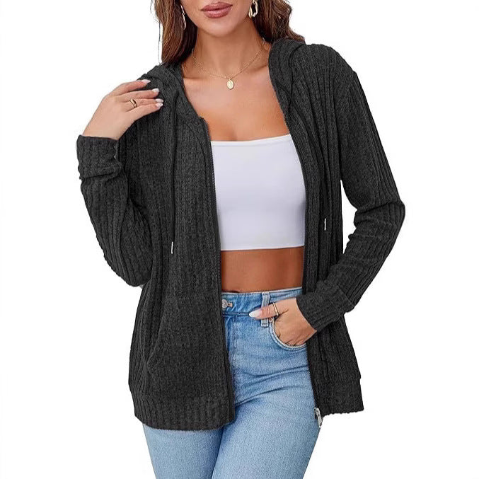 Damen Strick-Kapuzenjacke mit Reißverschluss, Waffelstruktur und Eingrifftaschen Drune