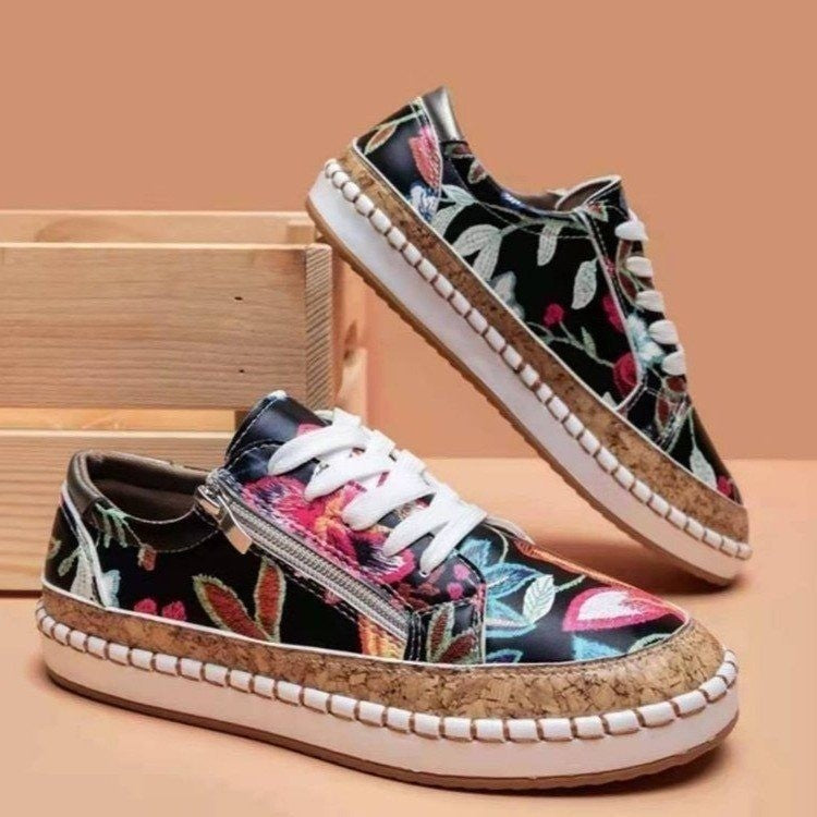 Damen florale Plateausneaker mit Korkplateau, seitlichem Reißverschluss und gepolstertem Komfortfußbett Drune