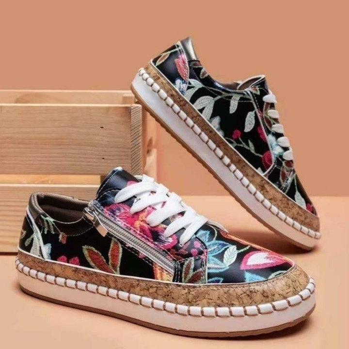 Damen florale Plateausneaker mit Korkplateau, seitlichem Reißverschluss und gepolstertem Komfortfußbett Drune