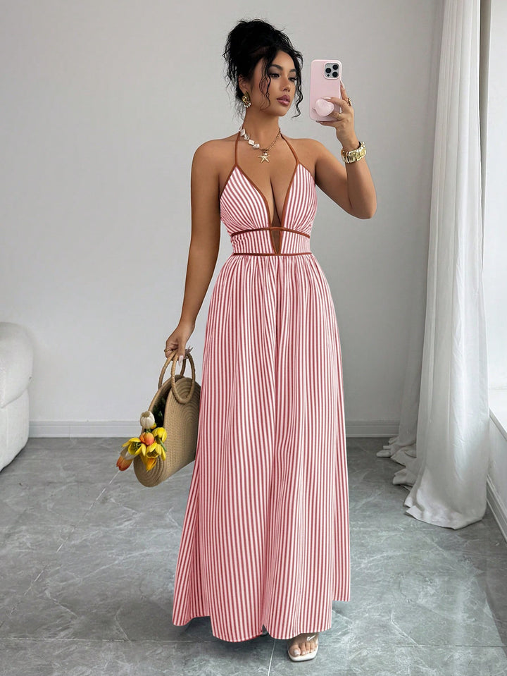 Damen Gestreiftes Neckholder-Maxikleid mit tiefem V-Ausschnitt und Taillen-Cut-Out Drune