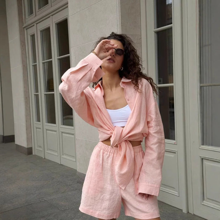 Damen lässiges Leinen Set mit lockerer Bluse und Shorts Drune