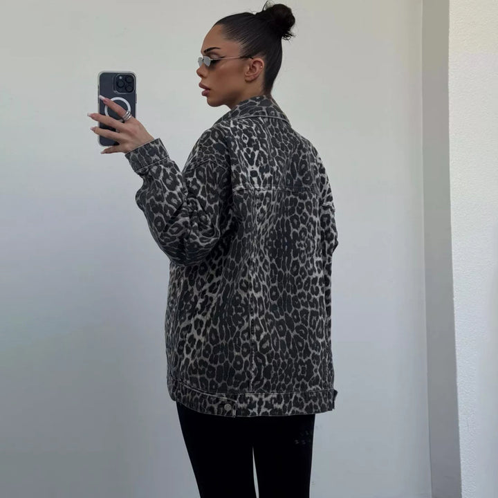 Damen Oversize-Jeansjacke mit Leopardenprint und aufgesetzten Brusttaschen Drune
