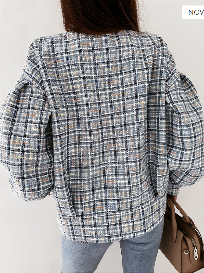Damen Modischer Karostrickjacke mit einzigartigem Knopfverschluss Drune