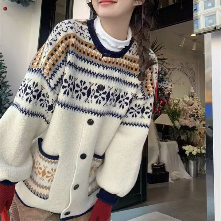Damen Kuschelige Strickjacke mit Kapuze und dekorativem Muster Drune